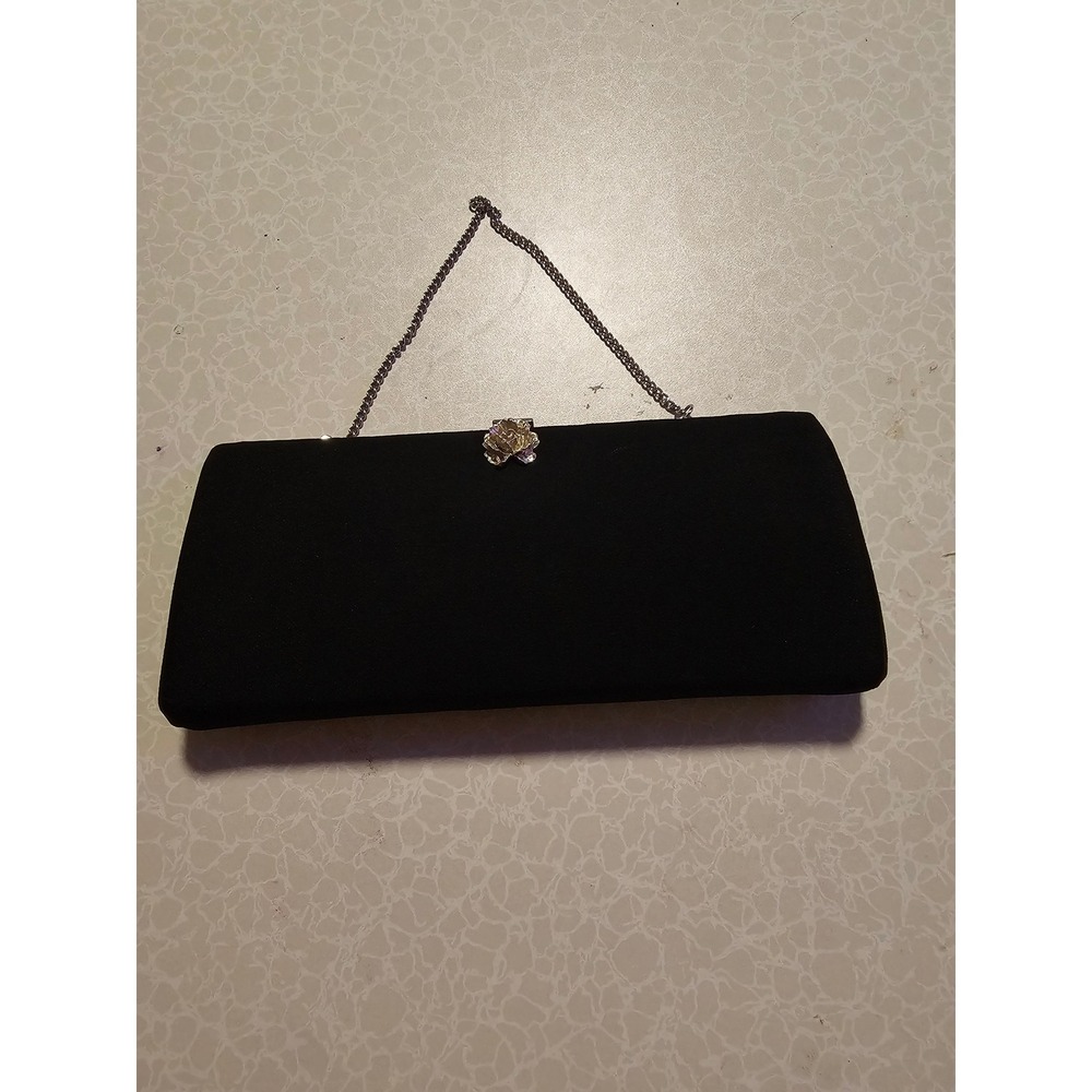 Vintage Black Fabric Evening Clutch Bag Silver Rose Clasp Chain‎ Strap Formal